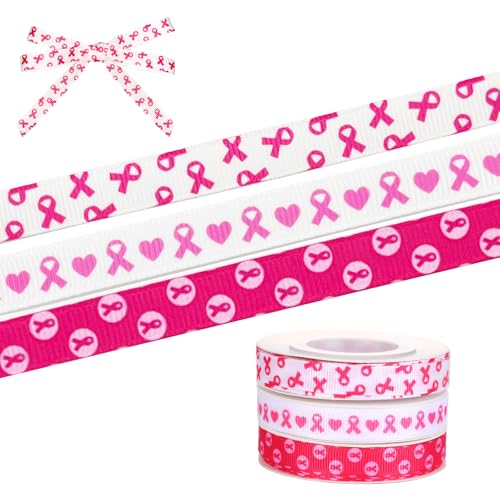 Softball-Bänder zum Basteln, 0,95 cm breit, Ripsband für Sport, Party, Dekoration, Nähen, Basteln, Geschenkverpackung, 3 Rollen (Brustkrebsbewusstsein) von YWAOAIJD