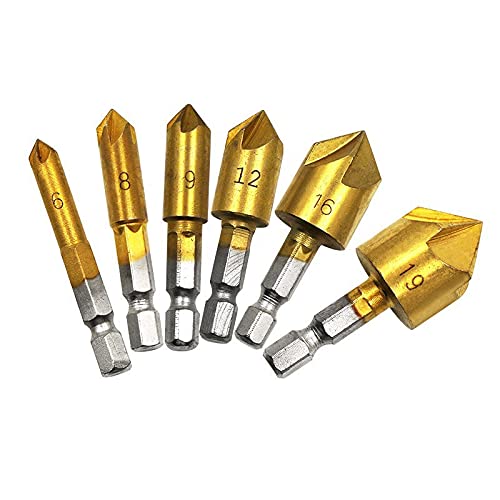 Kegelsenker-Bohrer-Set, Sechskantschaft, HSS, 5 Nuten, 82 Grad, Zentrierwerkzeug für Holz, Schnellwechsel-Bit, 6 mm, 8 mm, 9 mm, 12 mm, 16 mm, 19 mm, 6 Stück Kegelsenker-Bohrer-Set, Sechskantschaft, HSS, 5 Nuten, 82 Grad, Zentrierwerkzeug für Holz, Schnellwechsel-Bit, 6 mm, 8 mm, 9 mm, 12 mm, 16 mm, 19 mm, 6 Stück von YWHWLX