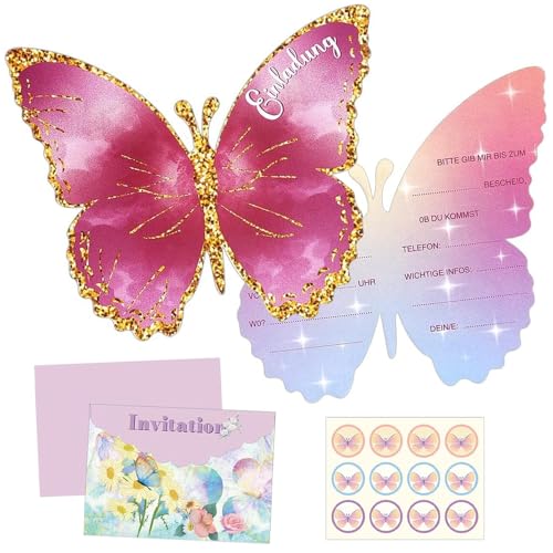 Einladungskarten Kindergeburtstag, 12 Stück Mädchen Schmetterling Party Einladung, Partyeinladungen mit Umschlägen und Aufkleber Geburtstagseinladungen Karte zur Geburtstag für Mädchen und Jungen Einladungskarten Kindergeburtstag, 12 Stück Mädchen Schmetterling Party Einladung, Partyeinladungen mit Umschlägen und Aufkleber Geburtstagseinladungen Karte zur Geburtstag für Mädchen und Jungen von YWKJDDM