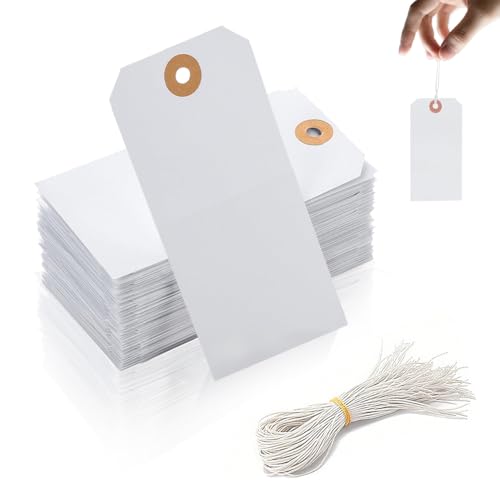 Große Preisschilder, blanko, zum Anbinden, mit elastischer Schnur, 120 x 60 mm, weiß, blanko, zum Markieren von Kleidung, Gepäckpaketen, 120 Stück von YWKJDDM