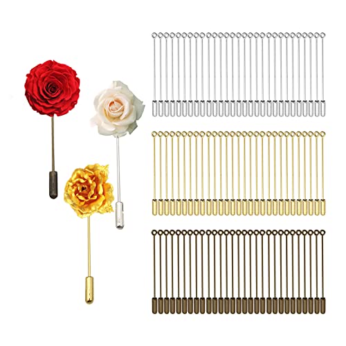 YWNYT 90 Stück Brosche Pin Stick, Brosche Sicherheitsnadeln für Schmuckherstellung, Metallstift, Nadelösennadel mit Stopperenden für Kostüm DIY Handwerk, Anzug, Krawatte (Antik-Bronze, Gold, Silber) von YWNYT