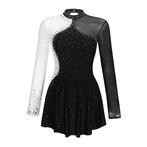 YXADGML Tanzkleid Damen Ballettkleid mit Strasssteinen, transparentem Netzstoff, for Eiskunstlauf, Gymnastik, Trikot, Kleid, Langarm(Black,S) von YXADGML