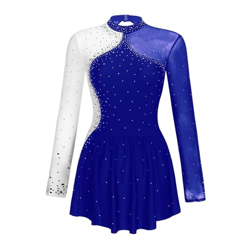 YXADGML Tanzkleid Damen Ballettkleid mit Strasssteinen, transparentem Netzstoff, for Eiskunstlauf, Gymnastik, Trikot, Kleid, Langarm(Blue,S) von YXADGML