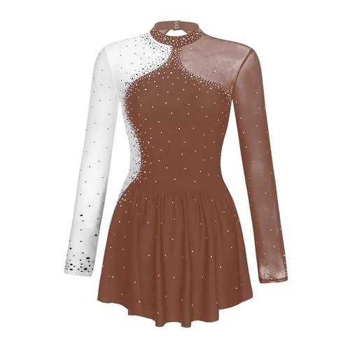 YXADGML Tanzkleid Damen Ballettkleid mit Strasssteinen, transparentem Netzstoff, for Eiskunstlauf, Gymnastik, Trikot, Kleid, Langarm(Brown,M) von YXADGML