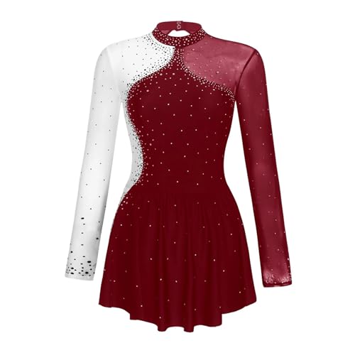 YXADGML Tanzkleid Damen Ballettkleid mit Strasssteinen, transparentem Netzstoff, for Eiskunstlauf, Gymnastik, Trikot, Kleid, Langarm(Deep Red,S) von YXADGML