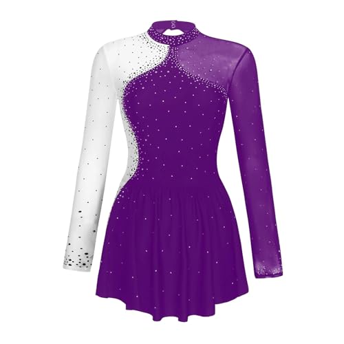 YXADGML Tanzkleid Damen Ballettkleid mit Strasssteinen, transparentem Netzstoff, for Eiskunstlauf, Gymnastik, Trikot, Kleid, Langarm(Purple,M) von YXADGML