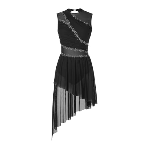 YXADGML Tanzkleid Eislaufkostüme for Damen, Ballettkleid mit glänzendem Strasssteinen und durchsichtigem Netzstoff, Gymnastikanzug, ärmellos, Eiskunstlaufkleid(Black,XL) von YXADGML