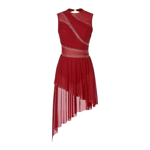 YXADGML Tanzkleid Eislaufkostüme for Damen, Ballettkleid mit glänzendem Strasssteinen und durchsichtigem Netzstoff, Gymnastikanzug, ärmellos, Eiskunstlaufkleid(Deep Red,XL) von YXADGML