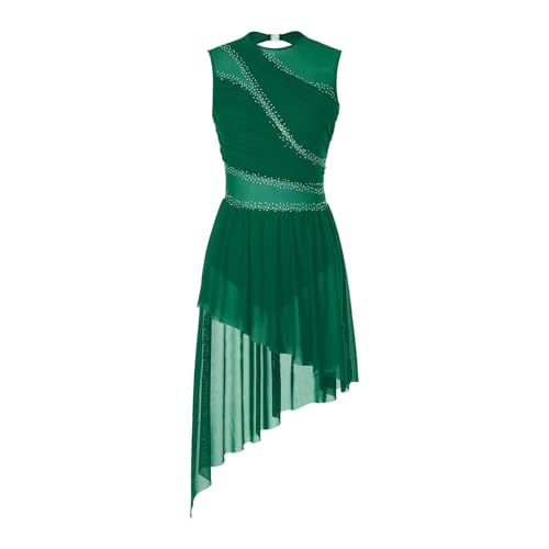 YXADGML Tanzkleid Eislaufkostüme for Damen, Ballettkleid mit glänzendem Strasssteinen und durchsichtigem Netzstoff, Gymnastikanzug, ärmellos, Eiskunstlaufkleid(Green,M) von YXADGML