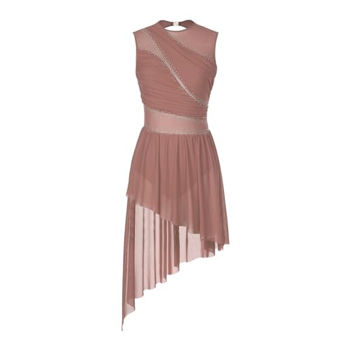 YXADGML Tanzkleid Eislaufkostüme for Damen, Ballettkleid mit glänzendem Strasssteinen und durchsichtigem Netzstoff, Gymnastikanzug, ärmellos, Eiskunstlaufkleid(Pink,L) von YXADGML