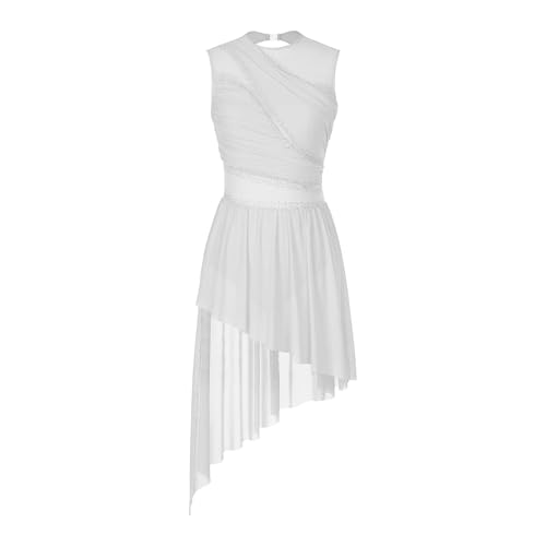 YXADGML Tanzkleid Eislaufkostüme for Damen, Ballettkleid mit glänzendem Strasssteinen und durchsichtigem Netzstoff, Gymnastikanzug, ärmellos, Eiskunstlaufkleid(White,S) von YXADGML