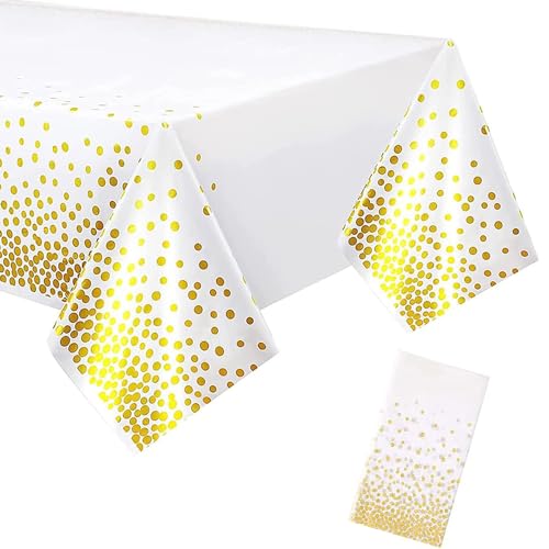 YXHZVON Party Tischdecke Einweg, Plastik Tischdecke Weiß Gold Dot Geburtstag Tischdecke für Abschlussfeier Jahrestag Hochzeit Einweihungsparty (137 x 274 cm) von YXHZVON