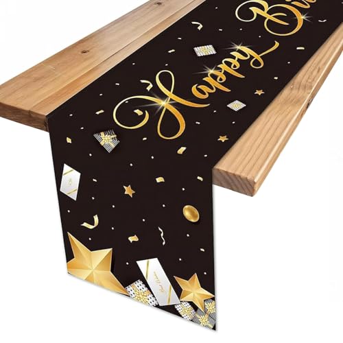 YXHZVON Tischläufer Geburtstag Deko Schwarz Gold Happy Birthday Tischdecke Kindergeburtstag Partytischdecken für Geburtstagsfeier Party Tischdecke（180 x 35 cm） von YXHZVON