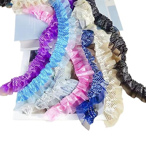 Spitzenband Vintage Bonbonfarbene, doppellagige, gepunktete, plissierte Spitze, handgefertigt, DIY-Kleidung, Rock, Hals, Nähstoff, Zubehör(Blue1) von YXINAER
