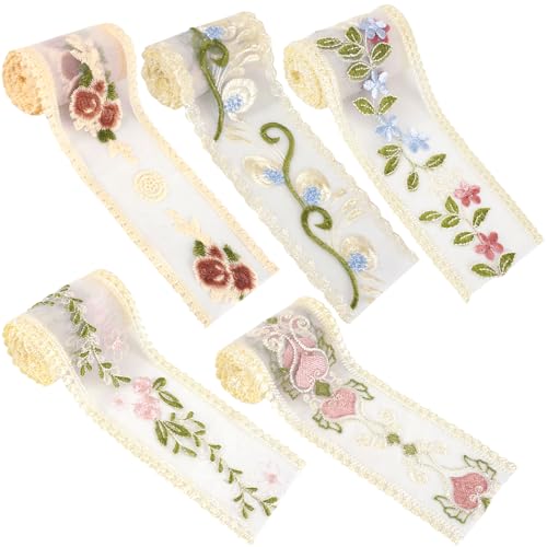 YXJDWEI 5 Rollen Spitze Einfassborte Vintage Lace Tüll Stickerei Borte Verzierung für DIY Kleidung Gardine Vorhang Tischläufer Deko von YXJDWEI