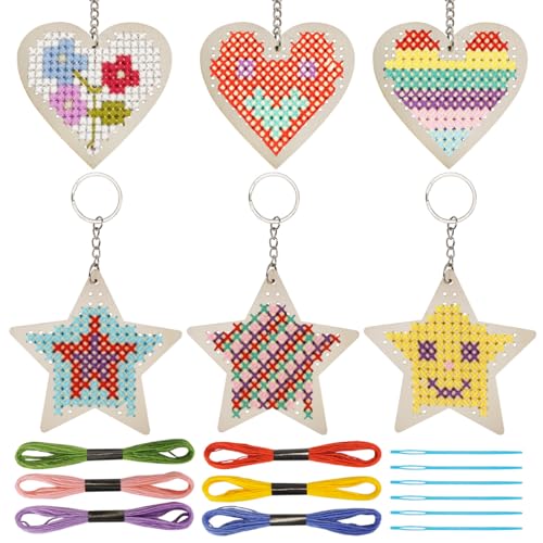 YXJDWEI 6 Stück Holz Kreuzstich Set Wooden Cross Stitch Kits Holz Bastelsets für Anfänger Holznähen Kreuzstich Basteln und Nähen von YXJDWEI