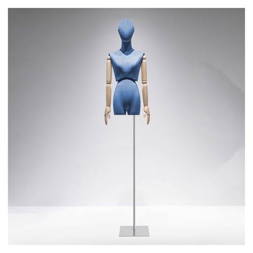 YXLYFDLY Weiblicher Schaufensterpuppen-Torso Aus Samtstoff Mit Beweglichen Holzarmen Und Verstellbarem Metallständer, Schneiderpuppe Für Einzelhandelsgeschäfte Und Bekleidungsboutiquen(Blue1) von YXLYFDLY