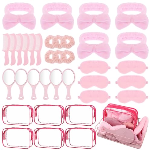 36-teiliges Partyzubehör für Mädchen, Hautpflege, Stirnband und Armband, Übernachtungsgeschenke, 6 rosa Spa-Köpfe, 6 rosa Schlaf-Augenmasken, 6 Samt-Haargummis, 6 Organzabeutel, 6 Spiegel, 6 Kämme von YXSJAS