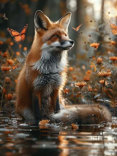 5D Diamond Painting Fuchs, Schmetterling Diamond Painting Erwachsene Anfänger, DIY Full Diamont Crystal Art Basteln Erwachsene Kreuzstich Stickerei Kunst Malerei für Wand Deko (35 * 50cm) -yxy250633 von YXYBBBDOU