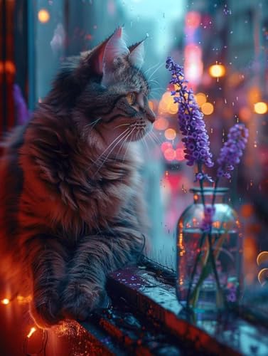 Diamond Painting Erwachsene, Katze Diamant Painting Bilder Lavendel Muster Design, DIY 5D Full Diamant Crystal Art, Mosaik Bastelset Erwachsene für Deko Wohnzimmer, Geschenke (25x35cm) -yxy250658 von YXYBBBDOU