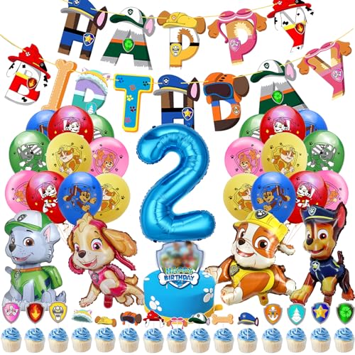 41 Stück Dog Geburtstag Deko, Deko 2. Geburtstag Junge, Geburtstagsdeko 2 Jahre Junge, Cartoon Dog Luftballons ,mit Folienballon, Cupcake Toppers, Happy Birthday Banner, für Kindergeburtstag Deko von YYCOUKYT