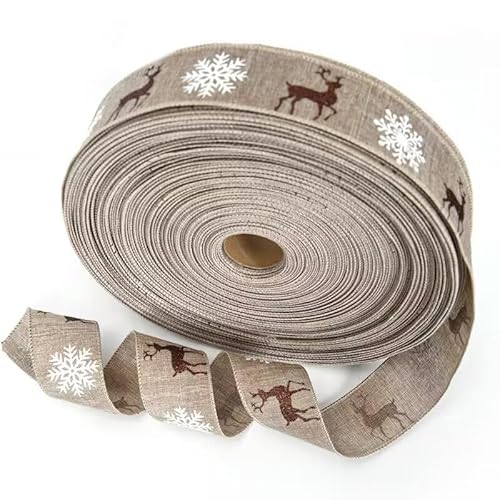 YYCRAFT 20 Meter Jute-Weihnachtsbänder mit Drahtrand, kariert, Rentier, Schneeflocke, bedruckt, Drahtrand, Jute, DIY Handwerk (5,1 cm, Hellbraun mit Schneeflocke) von YYCRAFT