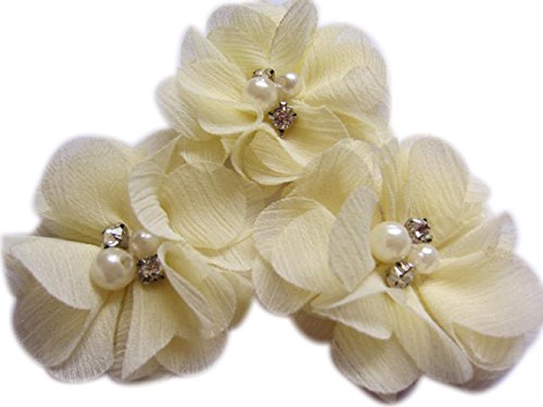 YYCRAFT 20 Stück Chiffon Blumen mit Strass und Perlen Hochzeit Dekoration/Haar Accessoire Handwerk/Nähen Craft(Cremefarben,5cm) von YYCRAFT