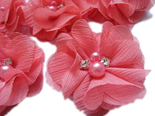 YYCRAFT 20 Stück Chiffon Blumen mit Strass und Perlen Hochzeit Dekoration/Haar Accessoire Handwerk/Nähen Craft(Korallenrot,5cm) von YYCRAFT