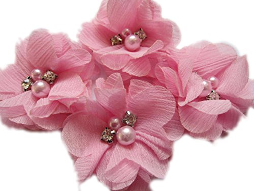 YYCRAFT 20 Stück Chiffon Blumen mit Strass und Perlen Hochzeit Dekoration/Haar Accessoire Handwerk/Nähen Craft(Rosa,5cm) von YYCRAFT