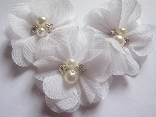 YYCRAFT 20 Stück Chiffon Blumen mit Strass und Perlen Hochzeit Dekoration/Haar Accessoire Handwerk/Nähen Craft(Weiß,5cm) von YYCRAFT