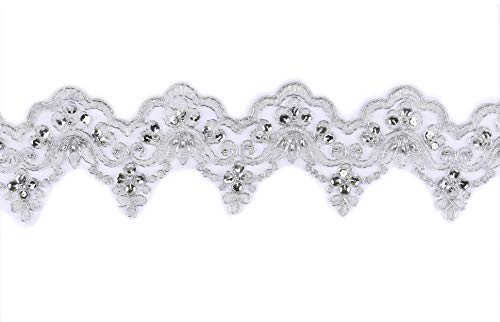 YYCRAFT Braut-Pailletten-Stickerei mit Perlen, zum Selbermachen, Nähen, Schnur, 7,6 cm breit, Silber, 7 m von YYCRAFT