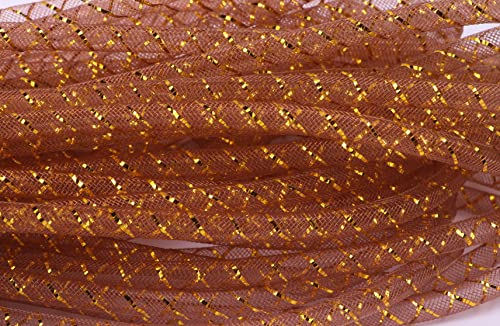YYCRAFT Deco Mesh Tube Flex mit Metallfolie, 8 mm x 22,7 m, Kaffee/Gold-Lametta von YYCRAFT