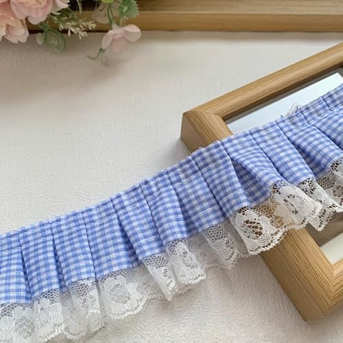 YYCRAFT Spitzenbordüre, zweifarbig, 3,8 cm, Hochzeitsband, Nähbordüre (blaues Vichy-Muster, 6 Stück) von YYCRAFT