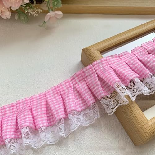 YYCRAFT Spitzenbordüre, zweifarbig, 3,8 cm, Hochzeitsband, Nähborte (rosa Gingham), 6 Stück von YYCRAFT