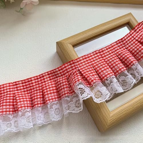 YYCRAFT Spitzenbordüre, zweifarbig, 3,8 cm, Hochzeitsband, Nähborte (rotes Gingham), 6 Stück von YYCRAFT