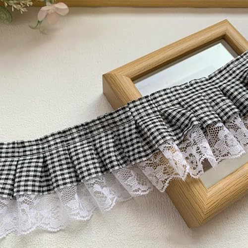 YYCRAFT Spitzenbordüre, zweifarbig, 3,8 cm, Hochzeitsband, Nähborte (schwarzes Gingham), 6 Stück von YYCRAFT