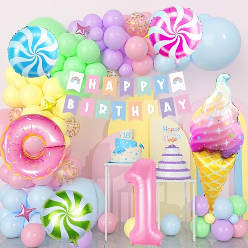 1. Geburtstagsdeko Mädchen, 115 Stück Kindergeburtstag Deko Pastell Deko Geburtstag mit Regenbogen Luftballons, Rosa Nummer 1 Ballon, Candy Donut Folienballon für 1 Jahr Mädchen Geburtstag Party Deko von YYDSXK
