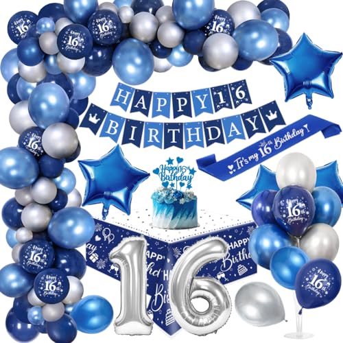 16. Geburtstagdeko Junge, 16 Jahre Blau Silber Balloon Arch Kit mit Happy Birthday Banner, Cake Topper, Tischdecke, Geburtstag Sash, Große Anzahl 16 Ballon, Chrom Blau Silber Luftballons von YYDSXK