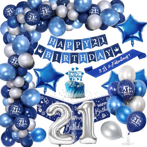 21. Geburtstagdeko Män, 21 Jahre Blau Silber Balloon Arch Kit mit Happy Birthday Banner, Cake Topper, Tischdecke, Geburtstag Sash, Große Anzahl 21 Ballon, Chrom Blau Silber Luftballons von YYDSXK