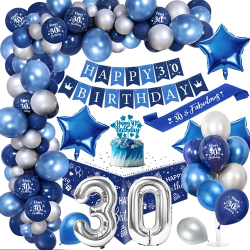 30. Geburtstagdeko Män, 30 Jahre Blau Silber Balloon Arch Kit mit Happy Birthday Banner, Cake Topper, Tischdecke, Geburtstag Sash, Große Anzahl 30 Ballon, Chrom Blau Silber Luftballons von YYDSXK