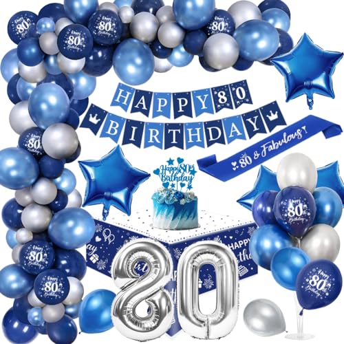 80. Geburtstagdeko Män, 80 Jahre Blau Silber Balloon Arch Kit mit Happy Birthday Banner, Cake Topper, Tischdecke, Geburtstag Sash, Große Anzahl 80 Ballon, Chrom Blau Silber Luftballons von YYDSXK
