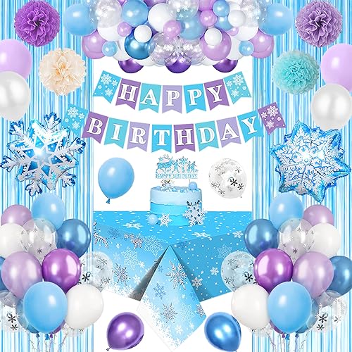 Frozen Geburtstagdeko Mädchen,Blau Lila Geburtstag Deko mit Geburtstag Banner Cake Topper Tischdecke Pompom Folie 3D Snowflake Luftballons für Kindergeburtstag Deko 3 4 5 6 Jahre von YYDSXK
