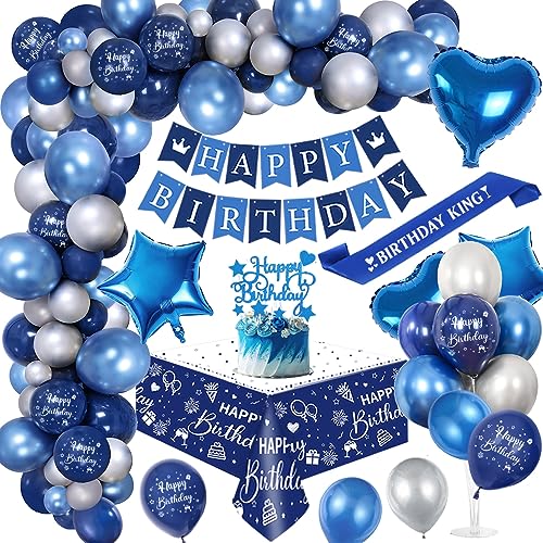 Geburtstagdeko Män Junge, Blau Silber Luftballons Arch Kit mit Happy Birthday Banner, Cake Topper, Tischdecke, Folie Ballon, birthday Sash,Chrom Blau Silber Luftballons Geburtstag Deko von YYDSXK