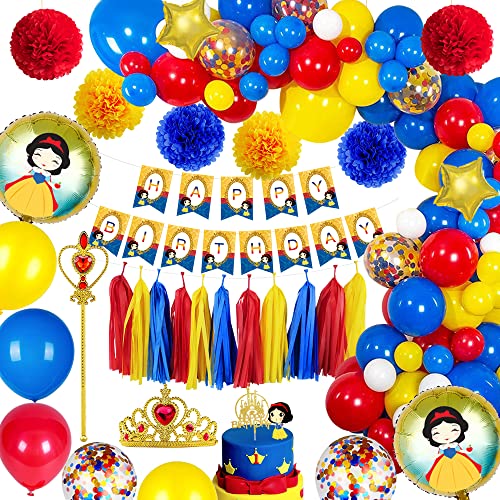 Luftballons Geburtstagsdeko Mädchen, Schneewittchen Party Deko Happy Birthday Banner Girlande mit Tiara Krone Zauberstab Pompons Deko Luftballons Konfetti 3D Ballons für Kinder Partydeko Geburtstag von YYDSXK