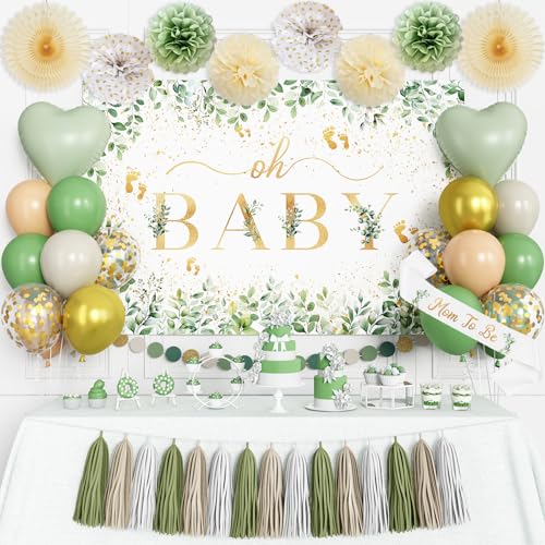 Salbeigrün Babyparty-Dekorationen, Oh Baby Neutral Geschlecht Enthüllung Party Dekor Kit mit Hintergrund, Luftballons, Pompons, Quasten Girlande, Mom To Be Schärpe & Kreis Punkte Girlande für Baby Salbeigrün Babyparty-Dekorationen, Oh Baby Neutral Geschlecht Enthüllung Party Dekor Kit mit Hintergrund, Luftballons, Pompons, Quasten Girlande, Mom To Be Schärpe & Kreis Punkte Girlande für Baby von YYDTMHT