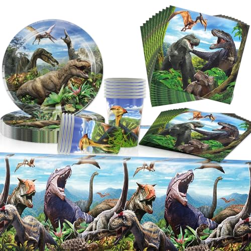 41 Teiliges Partyset Dinosaurier,Dino Partygeschirr,Dino Pappteller,Dino Tischdecke,Dino Servietten Kindergeburtstag,Tassen,Geeignet für Geburtstagsfeier,Party im Jurassic Stil von YYHCC