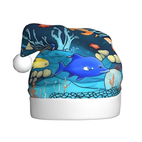 YYHHAOFA Blaue Unterwasserwelt der Fische Weihnachtsmütze für Erwachsene: weich und leicht, ideal für Schulveranstaltungen, Urlaubspartys usw. von YYHHAOFA
