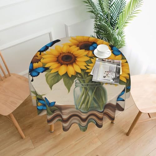 YYHHAOFA Runde dekorative Tischdecke, 152,4 cm, gelbe Sonnenblumen mit blauen Schmetterlingen, Bild für den Innen- und Außenbereich, auf runden Tischen wie Couchtischen, Esstischen und YYHHAOFA Runde dekorative Tischdecke, 152,4 cm, gelbe Sonnenblumen mit blauen Schmetterlingen, Bild für den Innen- und Außenbereich, auf runden Tischen wie Couchtischen, Esstischen und von YYHHAOFA