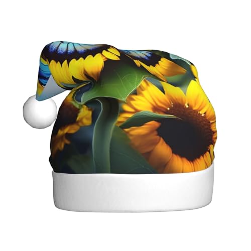 YYHHAOFA Weihnachtsmütze mit Sonnenblumen-Motiv und blauem Schmetterling für Erwachsene: weich und leicht, ideal für Schulveranstaltungen, Urlaubspartys usw. von YYHHAOFA
