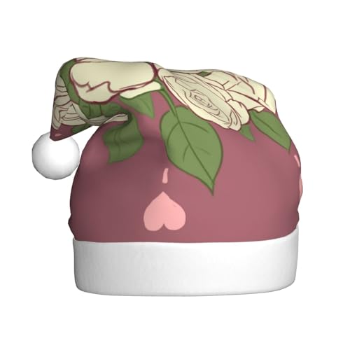 YYHHAOFA Weiße Weihnachtsmütze mit Rose der Liebe für Erwachsene: weich und leicht, ideal für Schulveranstaltungen, Urlaubspartys usw. von YYHHAOFA